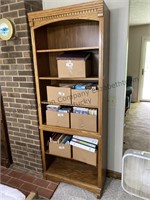 Wood 6 shelf bookcase. 76 x 29.5 x 12.5. Boxes on
