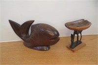 African Gazelle Ashtray & 10" w Wood Carved Fish