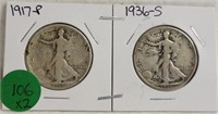 2 WALKING LIBERTY HALF DOLLARS (1917, 1936-S) - 2X