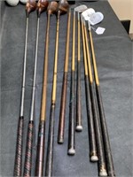 10 Golf Clubs, 2 are Wood Shafts