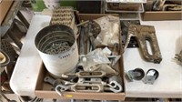 Staple gun, cart wheels, various hardware