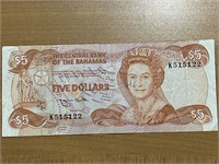 Bahamas 5 Dollar Elizabeth II JHS Bank Note