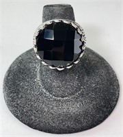 Large Solid Sterling Faceted Black Onyx Ring 13 Gr