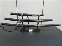 3 DECORATIVE SAMARI SWORDS WITH STAND
