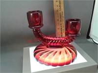 Red glass double candlestick holder