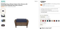 E2076 Brown Wicker Ottoman w/ Navy Blue Cushions
