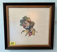 Sad Clown Needlework Crewel Framed Art