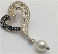 Sterling Heart Pendant W Faux Pearl & Stones