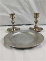 Pewter Plate & Pair of Pewter Candlestick Holders