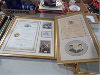 2 GOLD CERTIFICATE PICTURE FRAMES