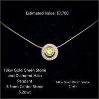 18kt Green Stone & Diamond Halo Pendant