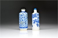 TWO CHINESE BLUE & WHITE PORCELAIN SNUFF BOTTLES