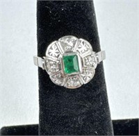 14K White Gold, Diamond & Emerald Ring