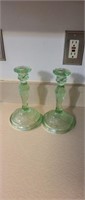 2 vintage green depression glass candelabras