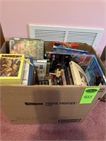 Box of Misc Books & Magazine Rack