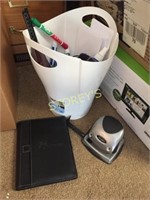 White Trash Bin w/ Office Supplies; Hole Punch, Wh