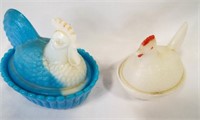 2 Indiana Glass Hen on Nest Milk Glass & Baby