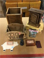 Wood decor bins, fertility statue, pig trivet,