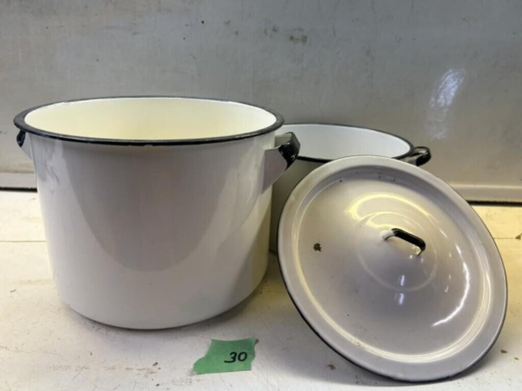 Vintage White & Black Trim Porcelain Pots & lid