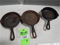 3 Cast iron skillets; Griswold, Wagner and 1 unmar