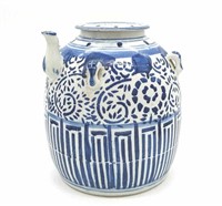Large Blue and White Chinoiserie Wine Pot 9" Tall