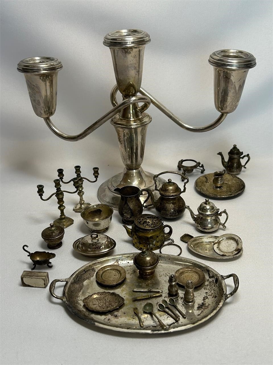 Miniature Sterling Silver Tea Set & Serving Pieces