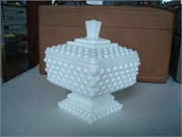 Hobnail square covered  pedestal candy dish