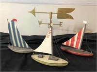 Trio of Hand Made Sail Boats & Brass Weathervane