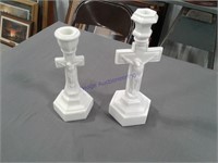 Milkglass crucifix candle holders, not matching
