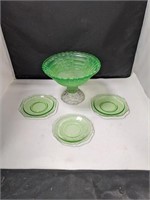 Vintage Green Vaseline Glass 3 Plates and Bowl