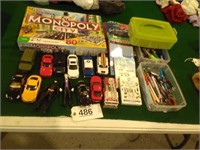 Monopoly Game, Toy Cars, Pens, Markers, Misc
