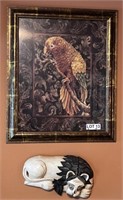 Parrot Print w/ Ornate Frame & Wood Lion