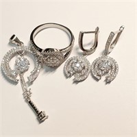 .925 Silver & CZ Earring Pendant & Ring Set sz 9