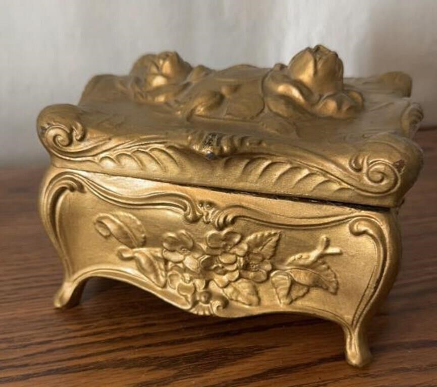 ART NOUVEAU GILDED BRONZE METAL JEWELRY BOX w/