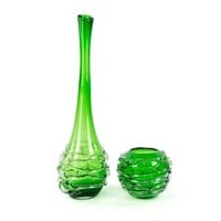 (2) Mid Century Modern Green Blown Art Glass Vases