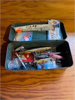Vintage fish and tackle box with contents