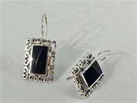 925 Sterling Silver and Onyx French Hool Earrings