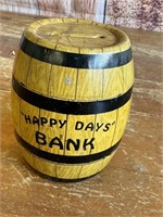 1940's Happy Day's Tin Litho Barrel Bank