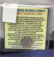 OF) 1911 CANADA 5 CENT SILVER, FINE COIN, HAS BEEN