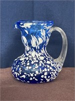 Handblown blue glass white speckle pitcher, clear