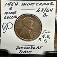 1954-S WHEAT PENNY CENT DIE CUDS DATE
