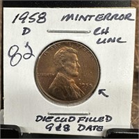 1958-D WHEAT PENNY CENT DIE CUD UNC
