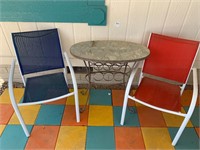 2 Patio Chairs & Tile Topped Side Table-Wine Rack