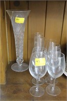 GROUPING: CRYSTAL VASE, WINE GOBLETS AND