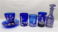 Mary Gregory Cobalt Tumblers, Cup & Saucer