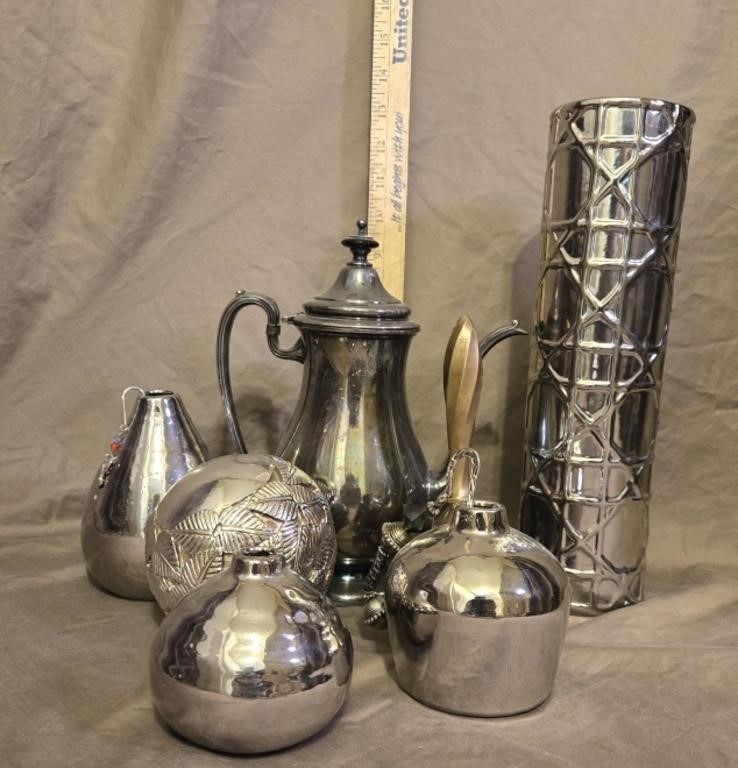 Silver Toned Tea Pot, Brass Bell, Vase & More