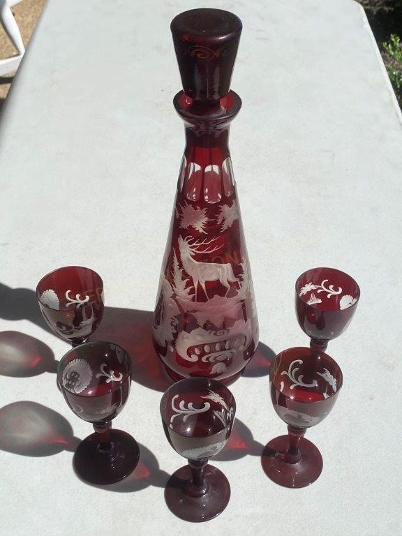 1950's Egermann Ruby Bohemian Glass Set