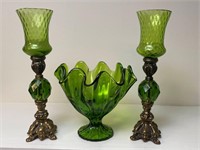Green Glass Candle Holders & Bowl