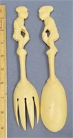 Set of carved ivory salad fork and spoon 9"