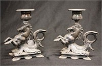 Pair early silver plate horse form candlesticks